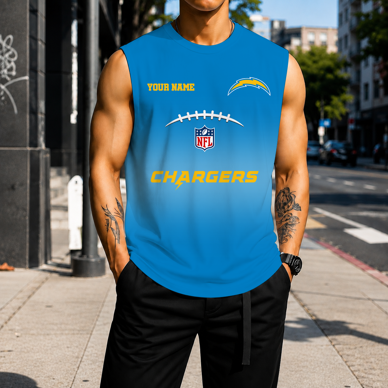 VIRAL EDITION - NEW CUSTOMIZED NFL09 LAC LOS ANGELES CHARGERS MEN'S GYM SHIRT