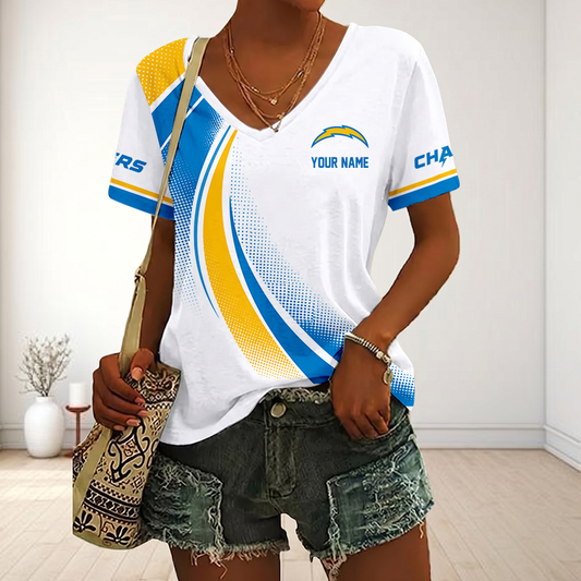 FINAL SALE - NEW CUSTOMIZED NFL09 LAC LOS ANGELES CHARGERS V-NECK FEMALE SHIRT