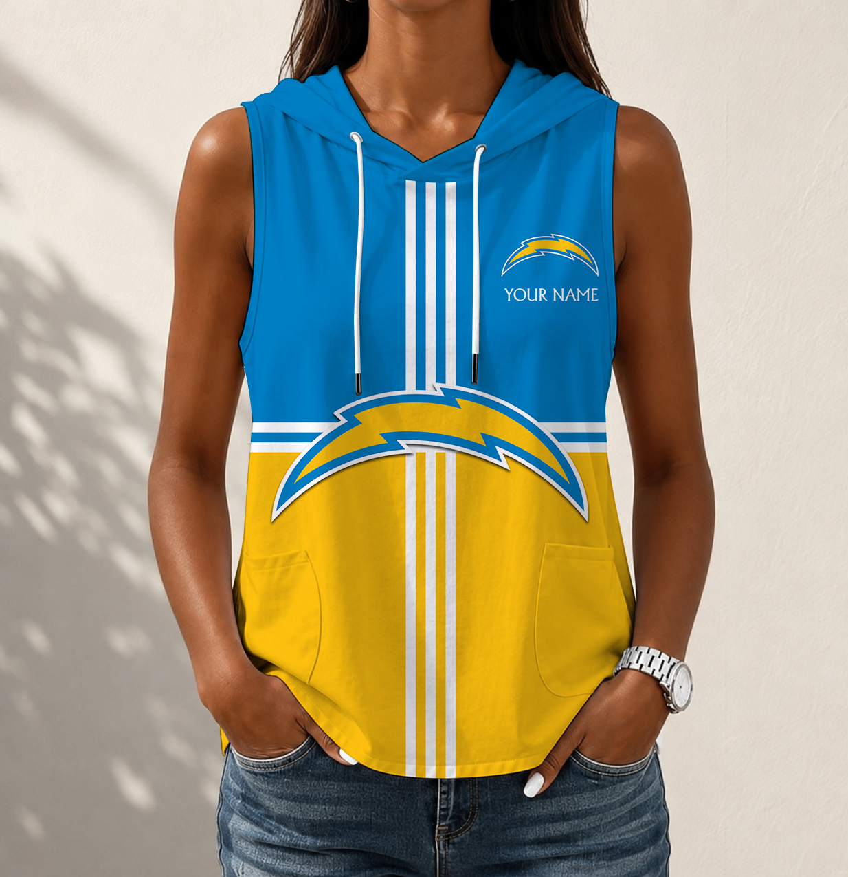 FINAL SALE - NEW CUSTOMIZED NFL09 LAC LOS ANGELES CHARGERS WOMEN'S SLEEVELESS HOODED POCKET TANK TOP