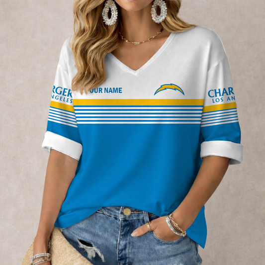 LIMITED EDITION - NEW CUSTOMIZED NFL09 LAC LOS ANGELES CHARGERS WOMEN'S HEART V-NECK LONG SLEEVE SHIRT
