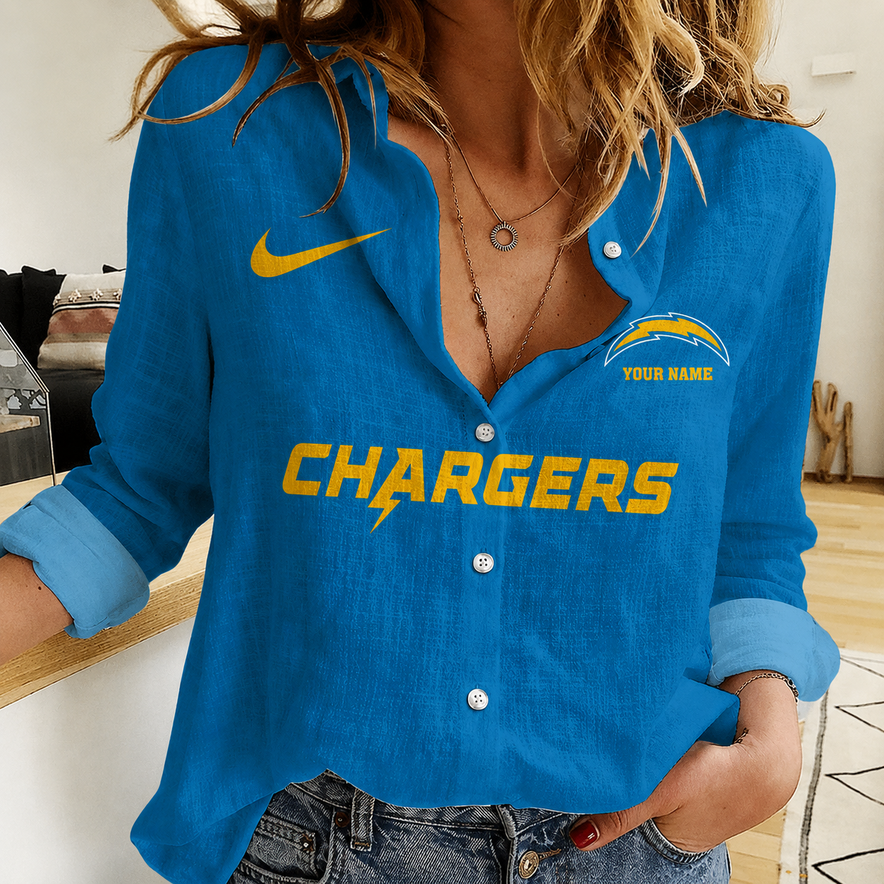 FINAL SALE - NEW CUSTOMIZED NFL09 LAC LOS ANGELES CHARGERS WOMEN CASUAL SHIRT