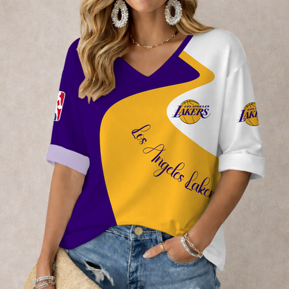 FINAL SALE - NEW CUSTOMIZED NBA09 LLA LOS ANGELES LAKERS WOMEN'S V-NECK LONG SLEEVE SHIRT