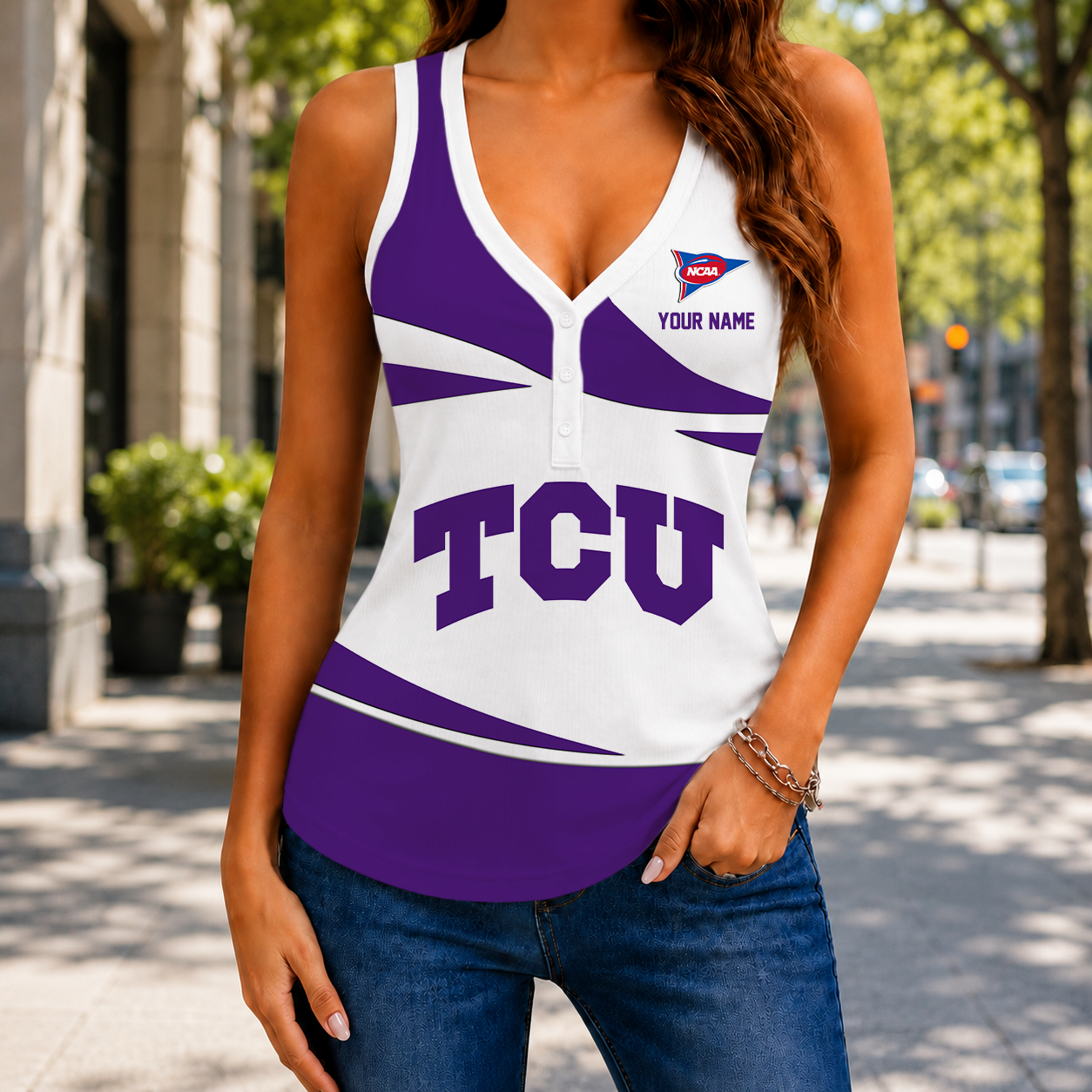 SPECIAL EDITION - NEW CUSTOMIZED NCAA FBS09 THF TCU HORNED FROGS WOMEN'S V-NECK TANK TOP