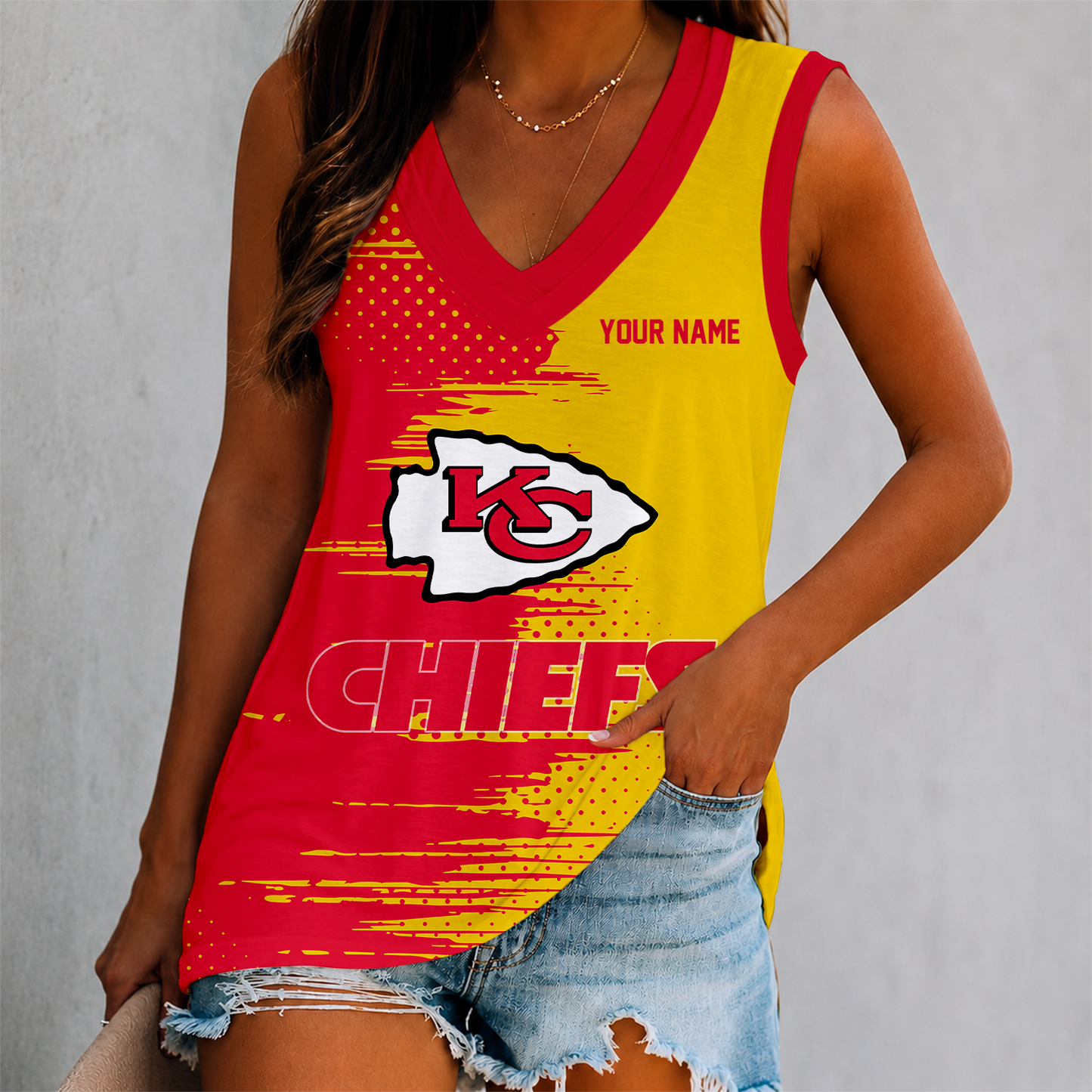 FINAL SALE - NEW CUSTOMIZED NFL01 KCC KANSAS CITY CHIEFS WOMEN'S V-NECK TANK TOP