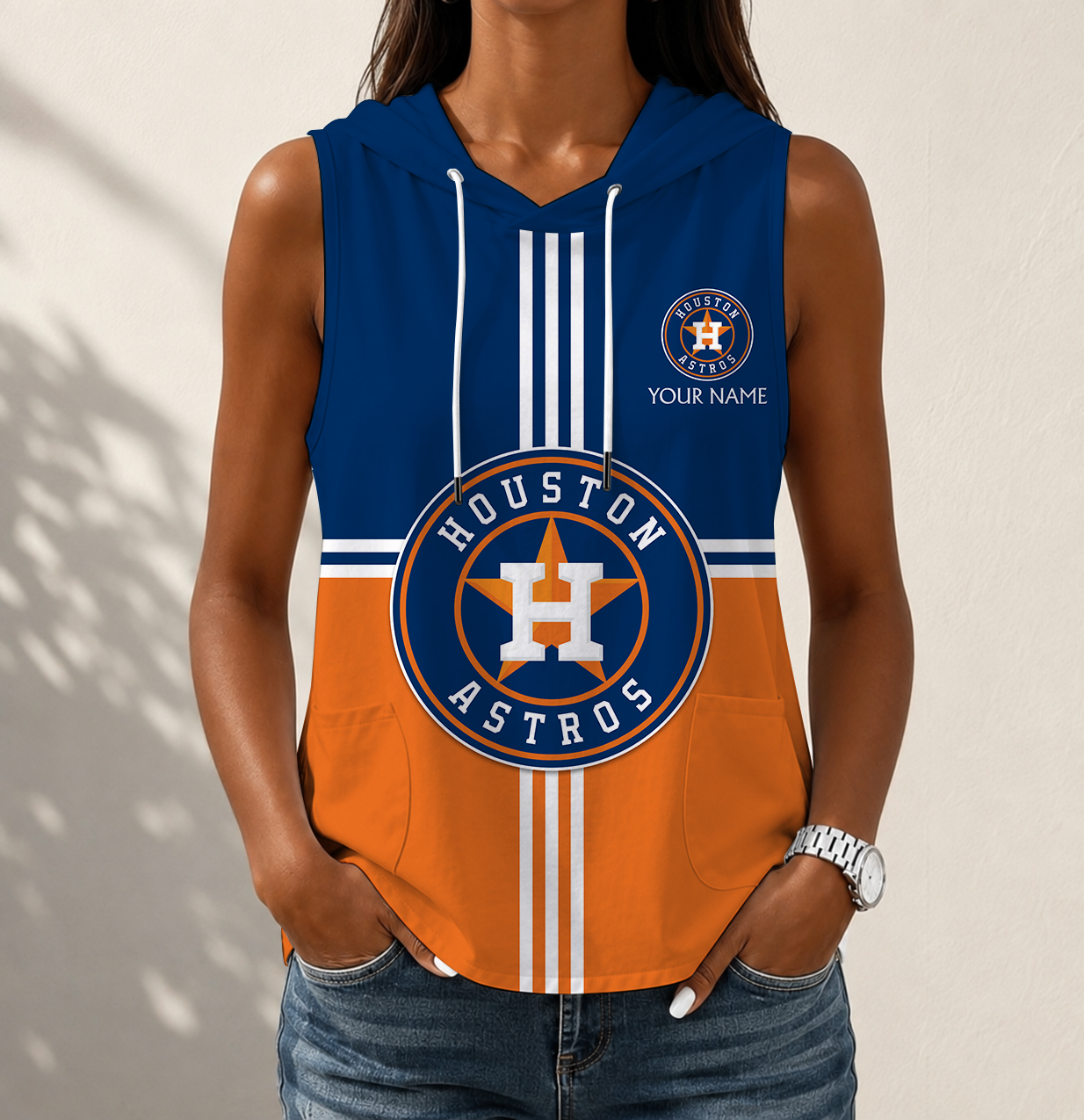 VIRAL EDITION - NEW CUSTOMIZED MLB10 HAS HOUSTON ASTROS WOMEN'S SLEEVELESS HOODED POCKET TANK TOP