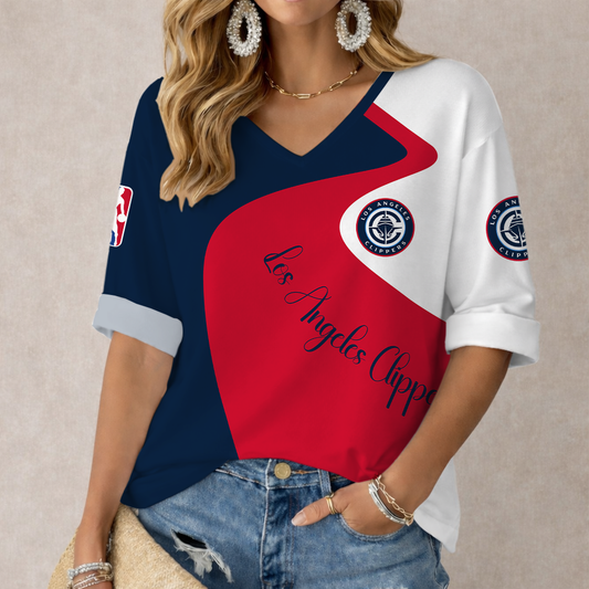 FINAL SALE - NEW CUSTOMIZED NBA10 LCL LOS ANGELES CLIPPERS WOMEN'S V-NECK LONG SLEEVE SHIRT