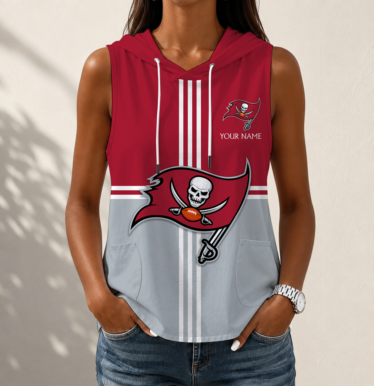 FINAL SALE - NEW CUSTOMIZED NFL10 TBB TAMPA BAY BUCCANEERS WOMEN'S SLEEVELESS HOODED POCKET TANK TOP