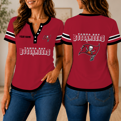 SPECIAL EDITION - NEW CUSTOMIZED NFL10 TBB TAMPA BAY BUCCANEERS WOMEN'S SHORT SLEEVE HENLEY T-SHIRT