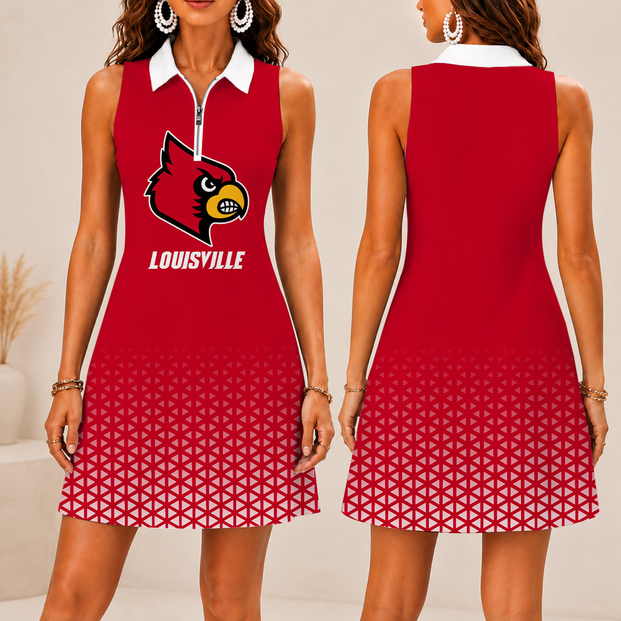LIMITED EDITION - NEW CUSTOMIZED NCAA FBS10 ULC LOUISVILLE CARDINALS WOMEN'S ZIP SLEEVELESS POLO DRESS