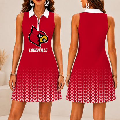 LIMITED EDITION - NEW CUSTOMIZED NCAA FBS10 ULC LOUISVILLE CARDINALS WOMEN'S ZIP SLEEVELESS POLO DRESS