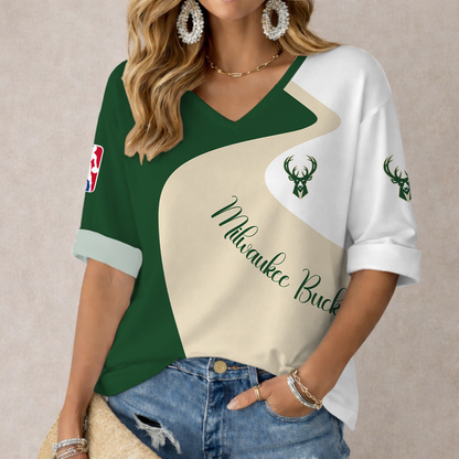 FINAL SALE - NEW CUSTOMIZED NBA11 MBU MILWAUKEE BUCKS WOMEN'S V-NECK LONG SLEEVE SHIRT