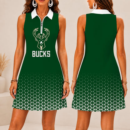 FINAL SALE - NEW CUSTOMIZED NBA11 MBU MILWAUKEE BUCKS  WOMEN'S ZIP SLEEVELESS POLO DRESS