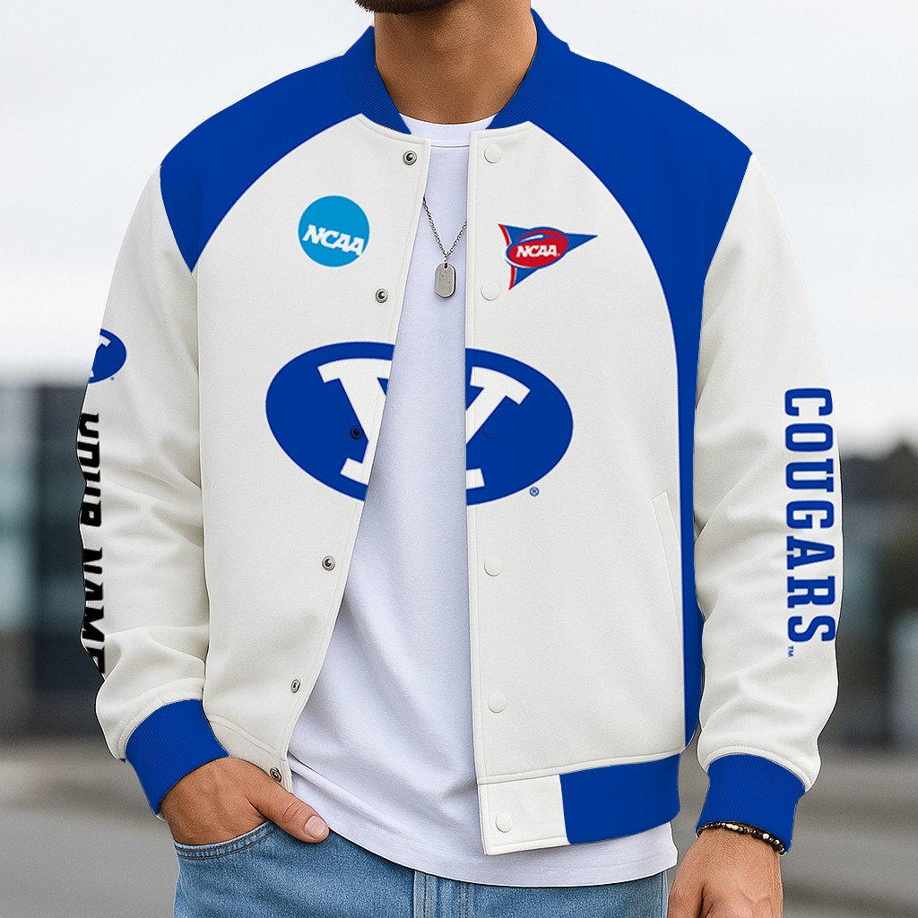 LIMITED DROP - NEW CUSTOMIZED NCAA FOOTBALL BOWL SUBDIVISION 11 BYU BYU COUGARS BASEBALL JACKET, SATIN VARSITY JACKET