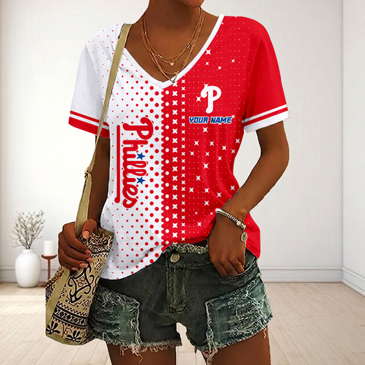 FINAL SALE - NEW CUSTOMIZED MLB11 PPS PHILADELPHIA PHILLIES V-NECK FEMALE SHIRT