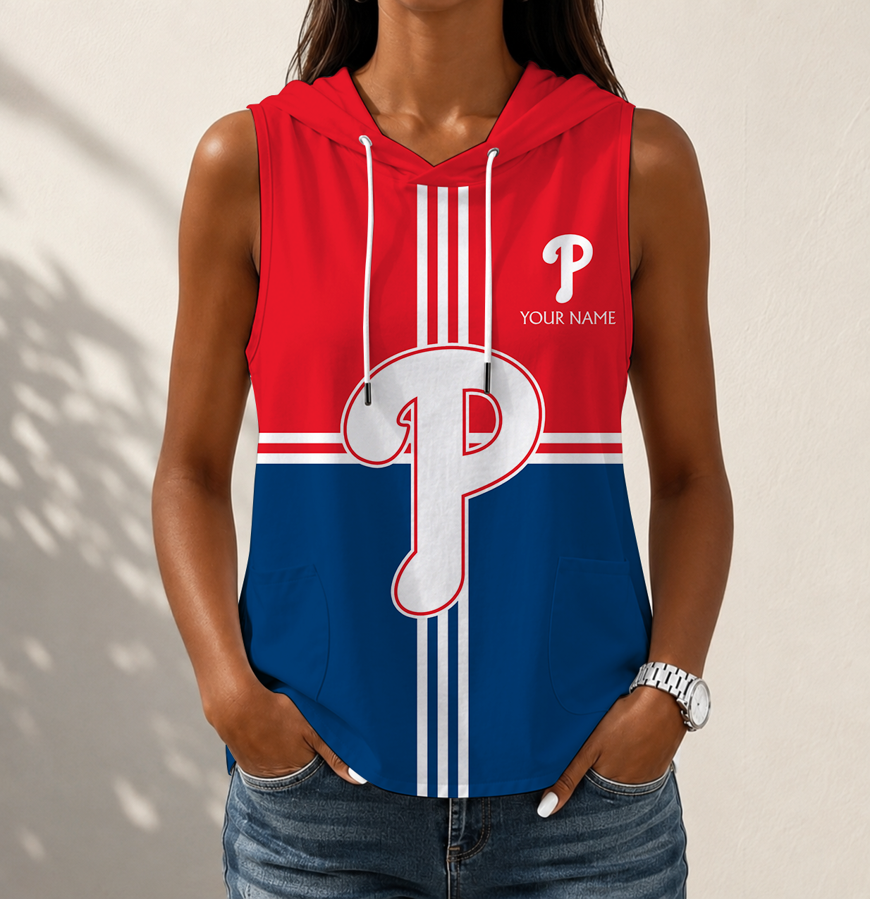 VIRAL EDITION - NEW CUSTOMIZED MLB11 PPS PHILADELPHIA PHILLIES WOMEN'S SLEEVELESS HOODED POCKET TANK TOP