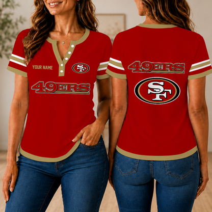 SPECIAL EDITION - NEW CUSTOMIZED NFL11 SF49 SAN FRANCISCO 49ERS WOMEN'S SHORT SLEEVE HENLEY T-SHIRT