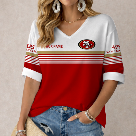 LIMITED EDITION - NEW CUSTOMIZED NFL11 SF49 SAN FRANCISCO 49ERS WOMEN'S HEART V-NECK LONG SLEEVE SHIRT