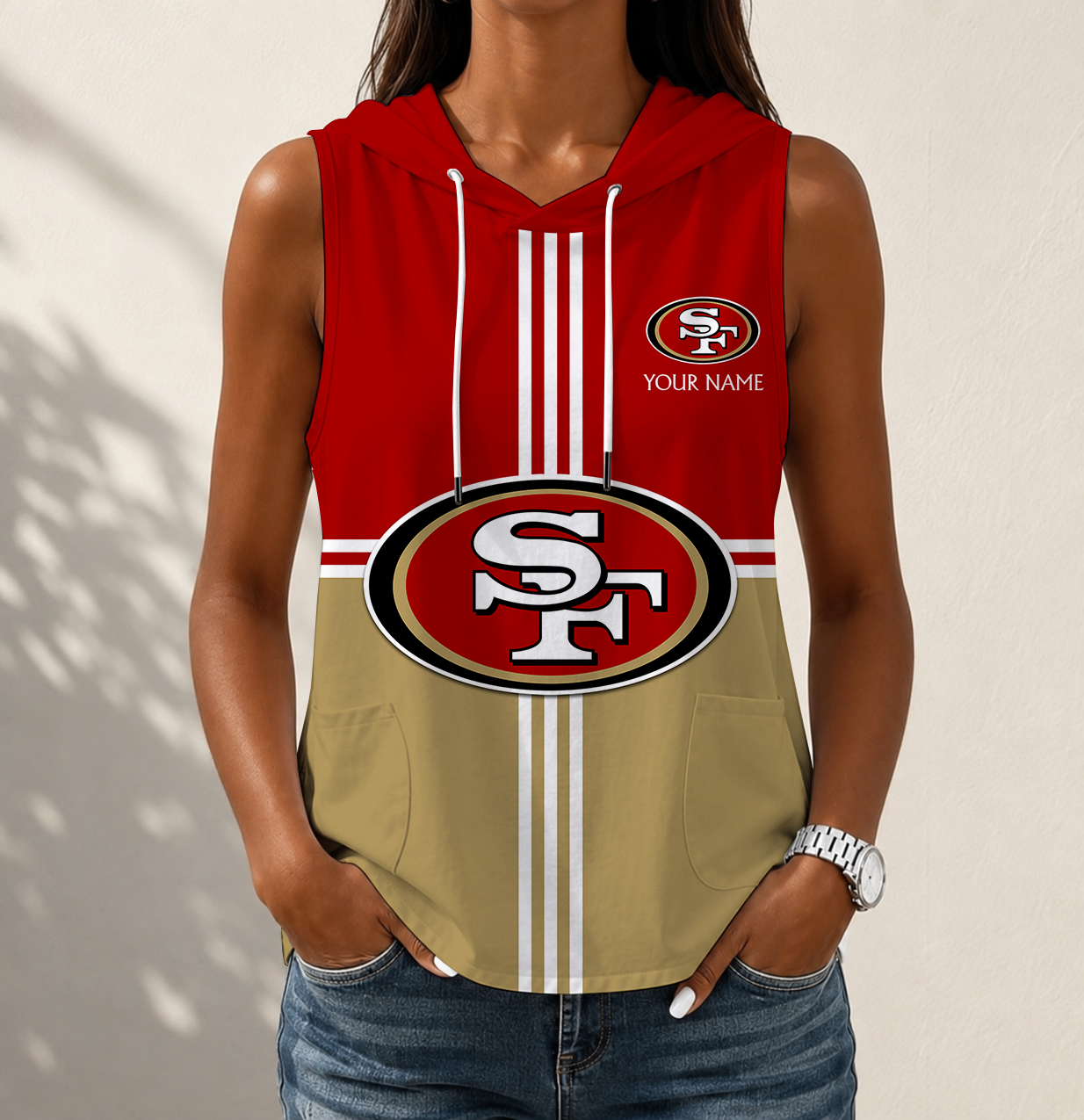 FINAL SALE - NEW CUSTOMIZED NFL11 SF49 SAN FRANCISCO 49ERS WOMEN'S SLEEVELESS HOODED POCKET TANK TOP