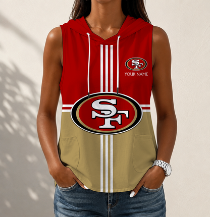 FINAL SALE - NEW CUSTOMIZED NFL11 SF49 SAN FRANCISCO 49ERS WOMEN'S SLEEVELESS HOODED POCKET TANK TOP