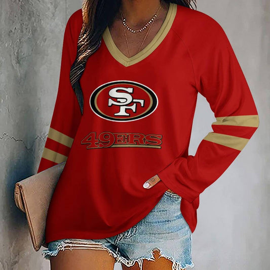FLASH SALE - NEW CUSTOMIZED NFL11 SF49 SAN FRANCISCO 49ERS WOMEN'S V-NECK LONG SLEEVED SHIRT