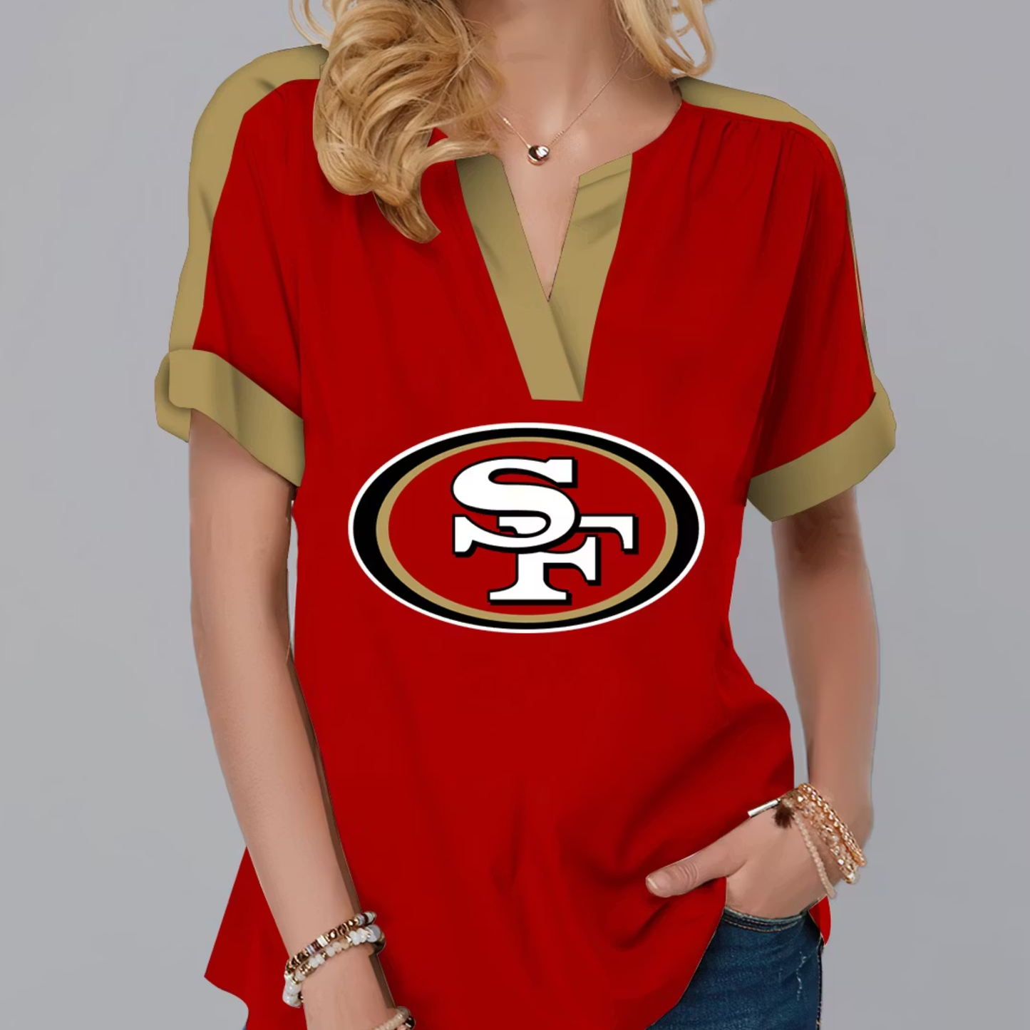 FINAL SALE - NEW CUSTOMIZED NFL11 SF49 SAN FRANCISCO 49ERS V-NECK FEMALE SHIRT