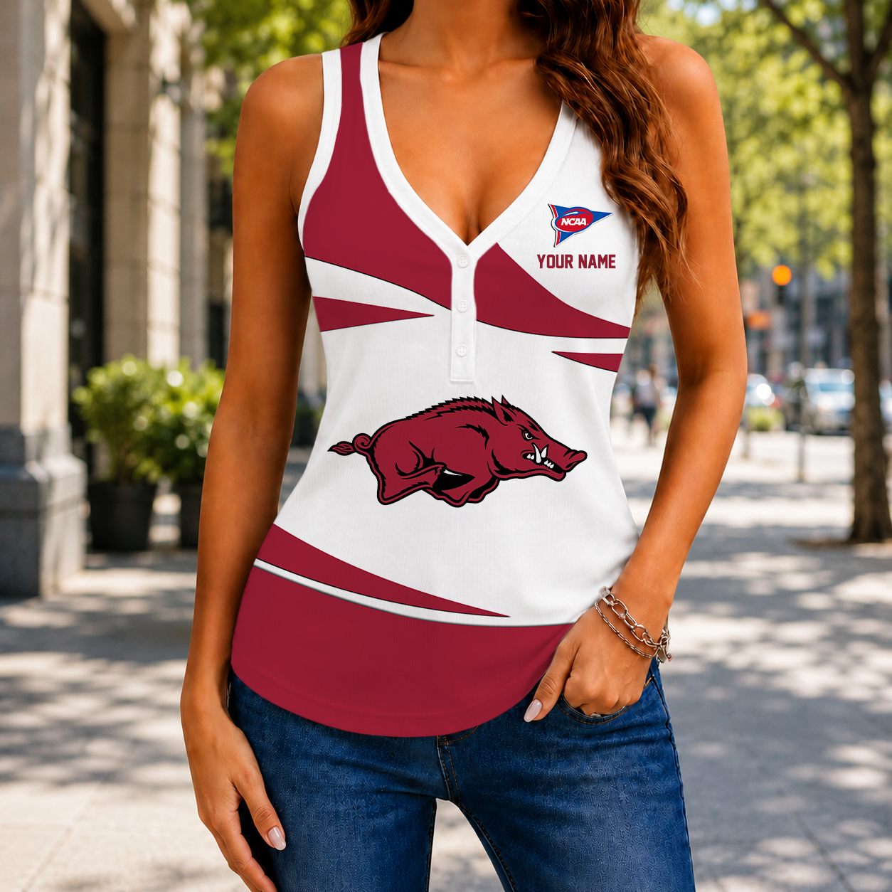 SPECIAL EDITION - NEW CUSTOMIZED NCAA FBS12 AKR ARKANSAS RAZORBACKS WOMEN'S V-NECK TANK TOP