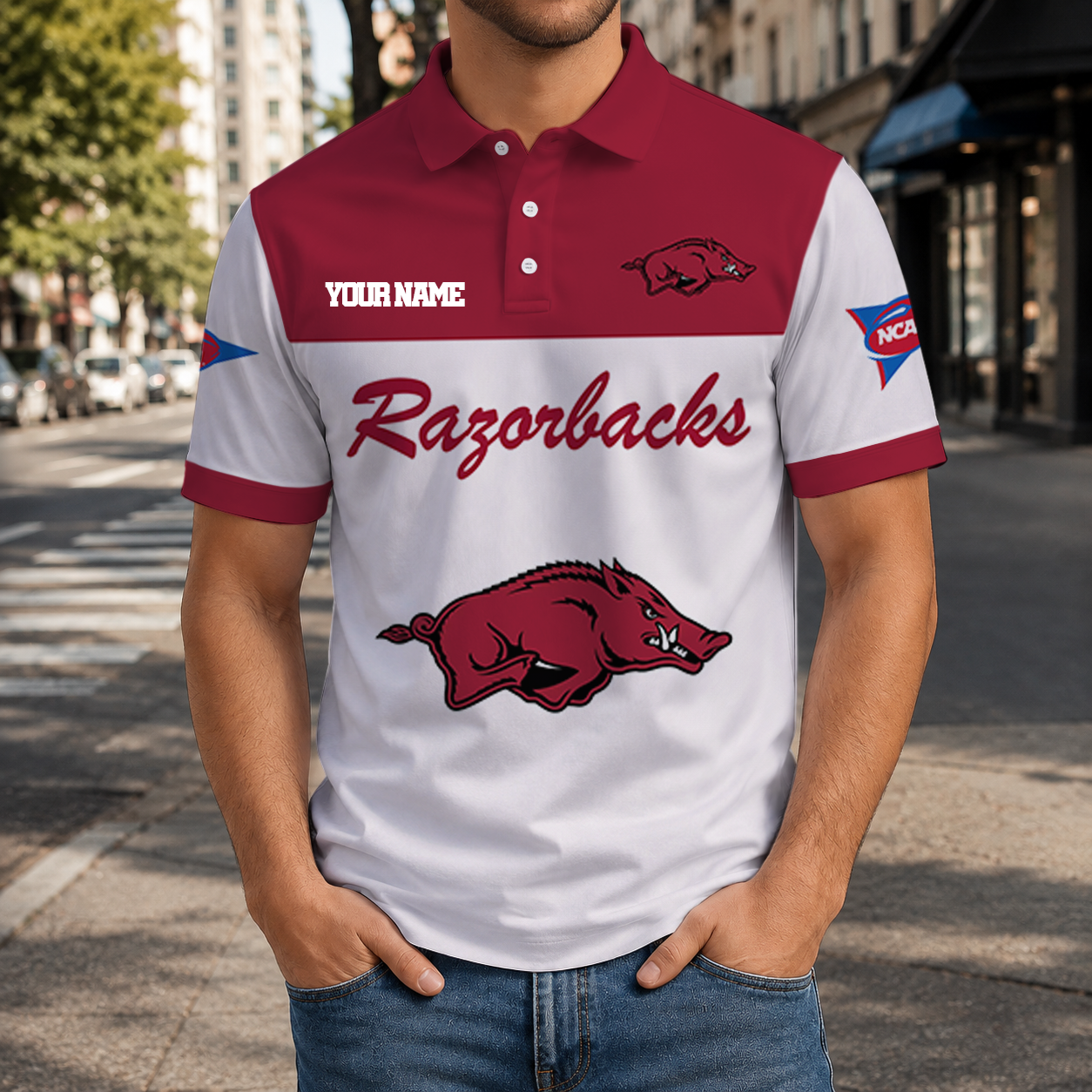 SPECIAL OFFER - NEW CUSTOMIZED NCAA FBS12 AKR ARKANSAS RAZORBACKS POLO SHIRT, ZIP POLO SHIRT & T-SHIRTS