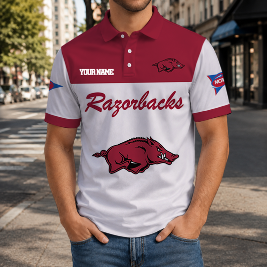 SPECIAL OFFER - NEW CUSTOMIZED NCAA FBS12 AKR ARKANSAS RAZORBACKS POLO SHIRT, ZIP POLO SHIRT & T-SHIRTS