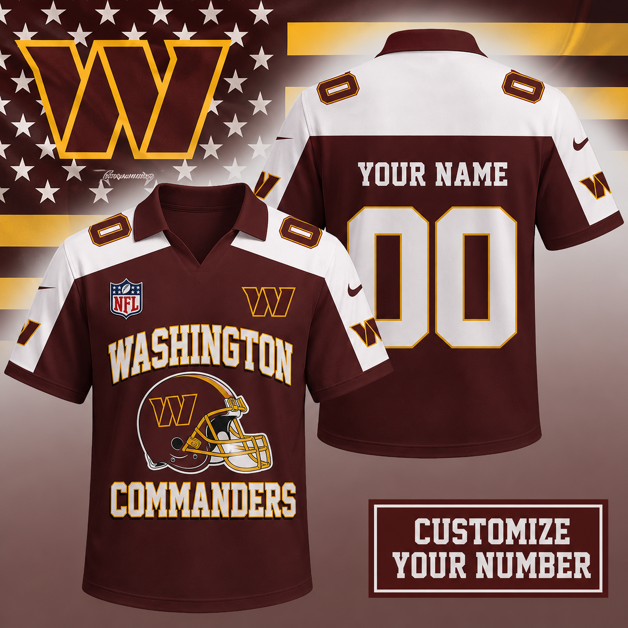 HOT DEAL - NEW CUSTOMIZED NFL12 WTC WASHINGTON COMMANDERS POLO SHIRT