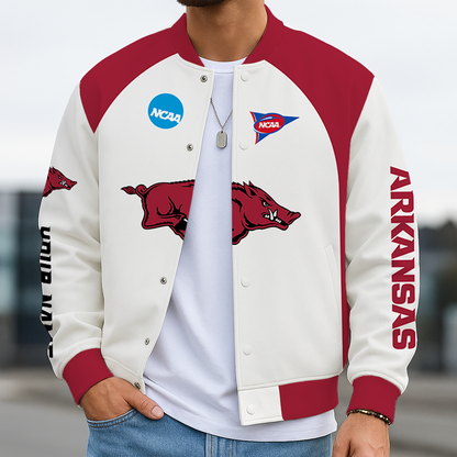 LIMITED DROP - NEW CUSTOMIZED NCAA FOOTBALL BOWL SUBDIVISION 12 AKR ARKANSAS RAZORBACKS BASEBALL JACKET, SATIN VARSITY JACKET