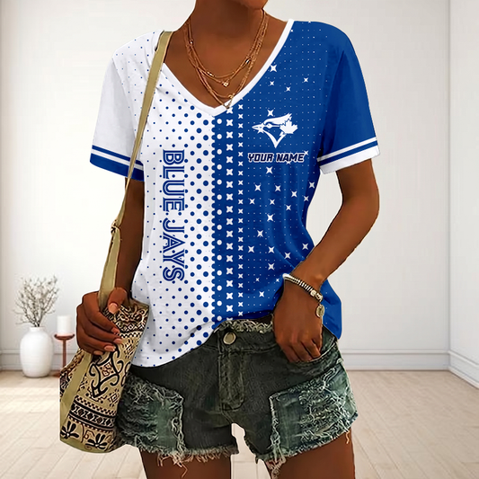 FINAL SALE - NEW CUSTOMIZED MLB12 TBJ TORONTO BLUE JAYS V-NECK FEMALE SHIRT