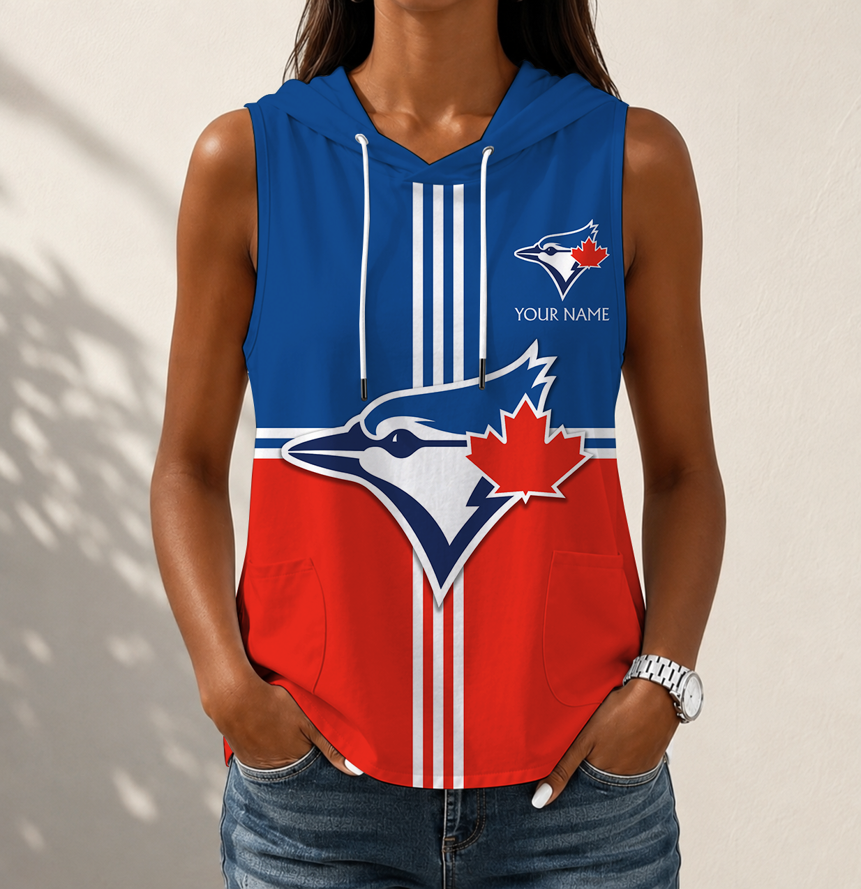 VIRAL EDITION - NEW CUSTOMIZED MLB12 TBJ TORONTO BLUE JAYS WOMEN'S SLEEVELESS HOODED POCKET TANK TOP