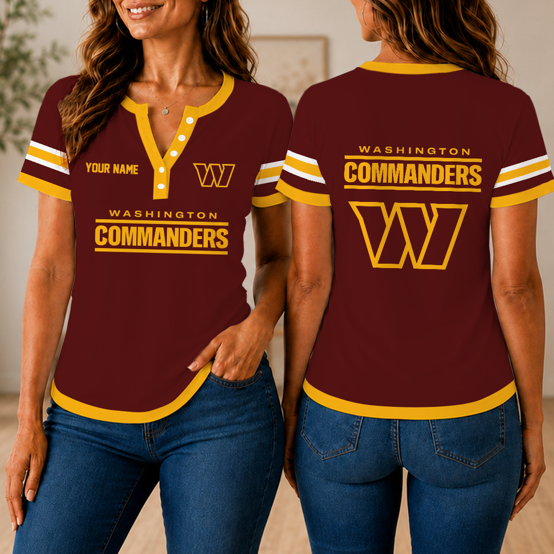 SPECIAL EDITION - NEW CUSTOMIZED NFL12 WTC WASHINGTON COMMANDERS WOMEN'S SHORT SLEEVE HENLEY T-SHIRT