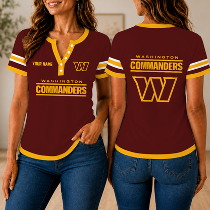 SPECIAL EDITION - NEW CUSTOMIZED NFL12 WTC WASHINGTON COMMANDERS WOMEN'S SHORT SLEEVE HENLEY T-SHIRT