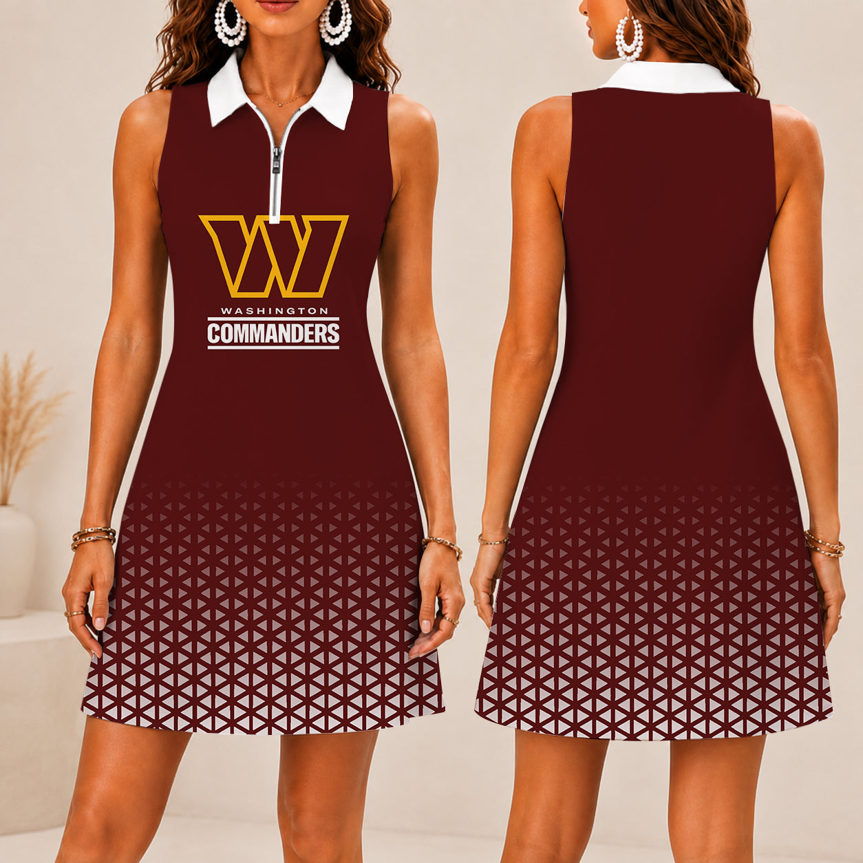 LIMITED EDITION - NEW CUSTOMIZED NFL12 WTC WASHINGTON COMMANDERS WOMEN'S ZIP SLEEVELESS POLO DRESS