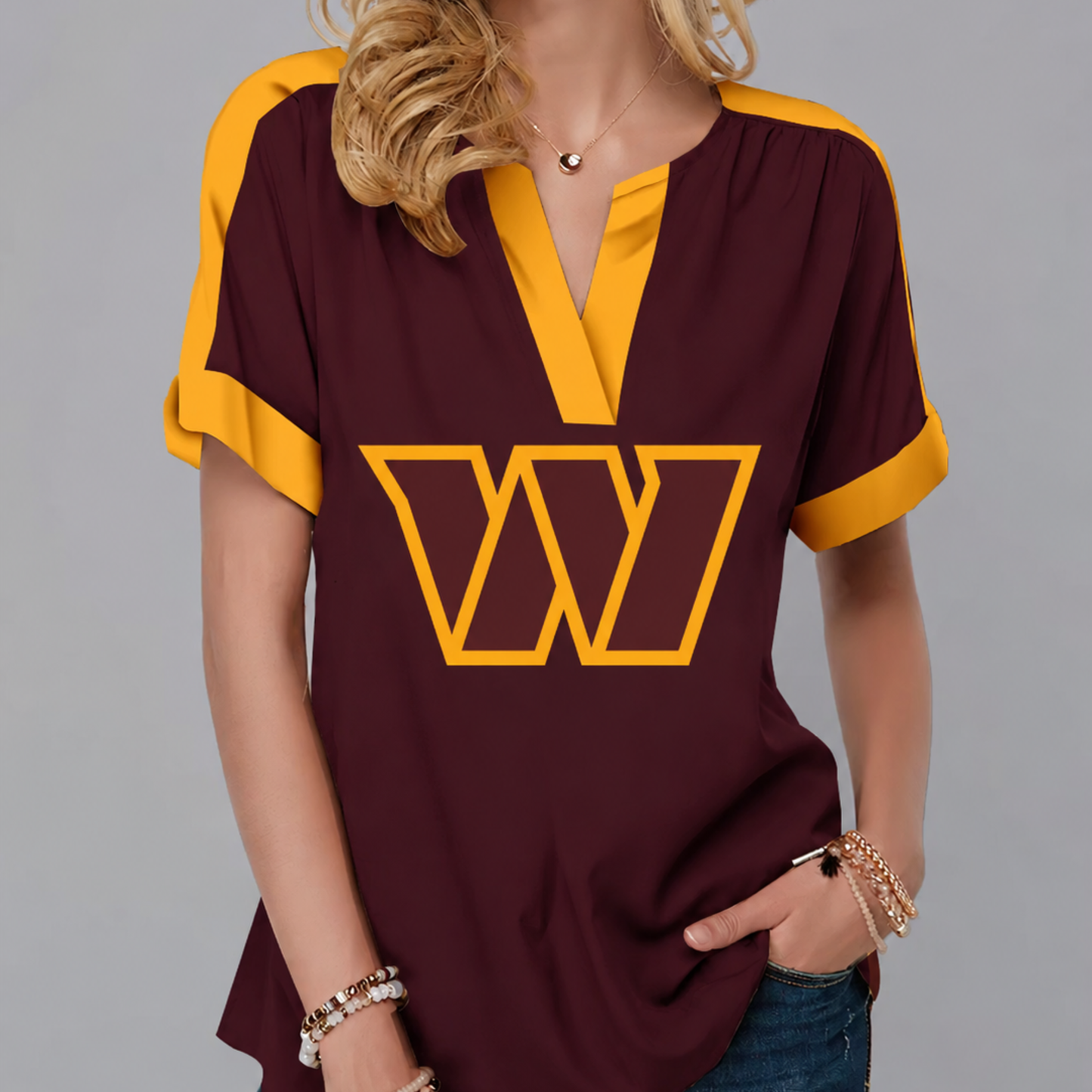 FINAL SALE - NEW CUSTOMIZED NFL12 WTC WASHINGTON COMMANDERS V-NECK FEMALE SHIRT
