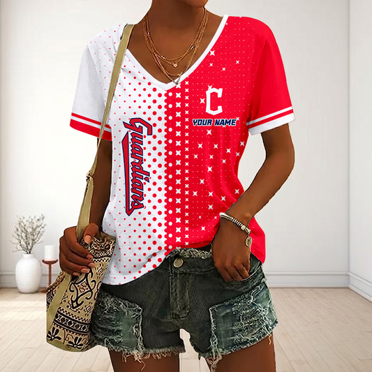 FINAL SALE - NEW CUSTOMIZED MLB13 CGS CLEVELAND GUARDIANS V-NECK FEMALE SHIRT