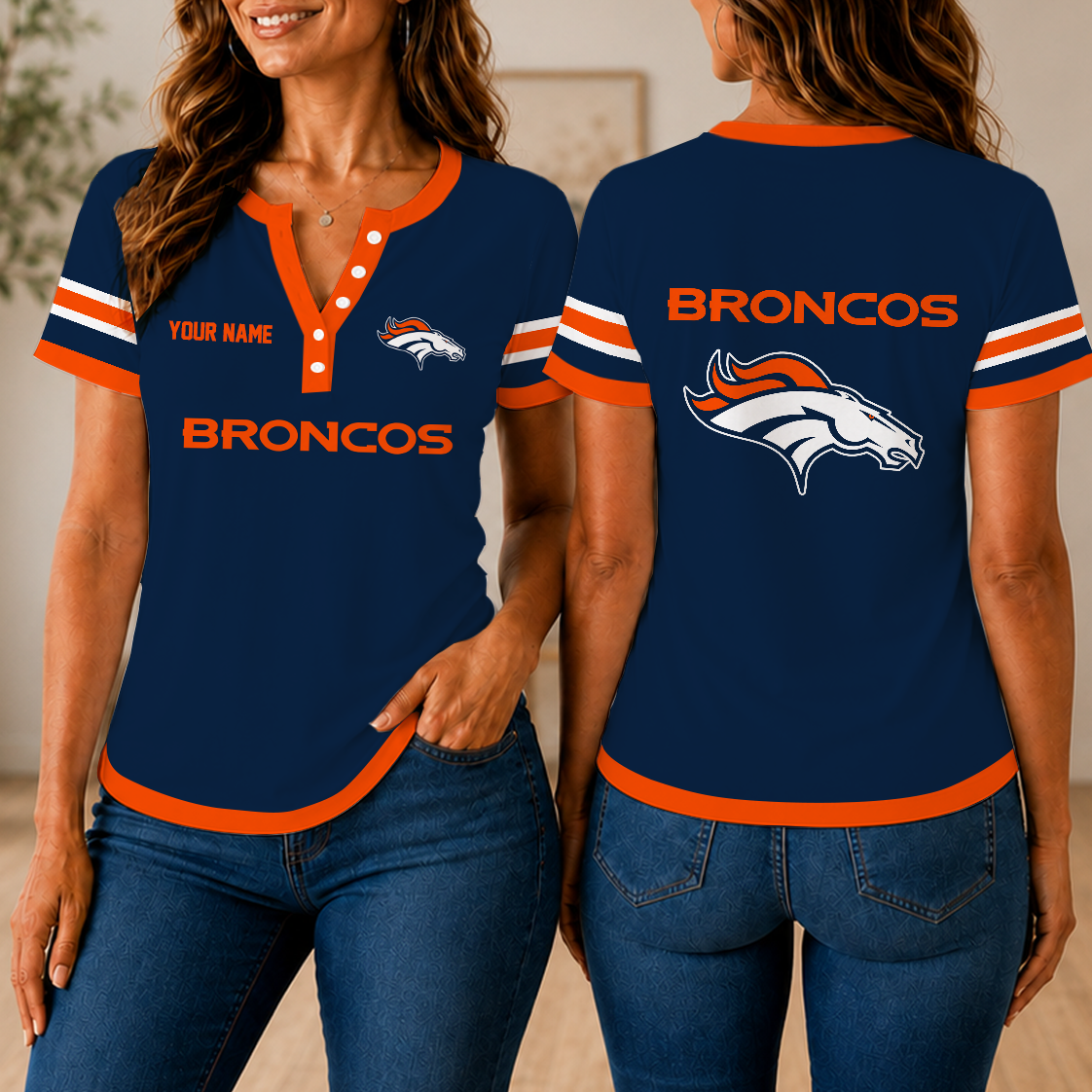 SPECIAL EDITION - NEW CUSTOMIZED NFL13 DVB DENVER BRONCOS WOMEN'S SHORT SLEEVE HENLEY T-SHIRT