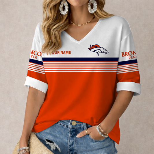LIMITED EDITION - NEW CUSTOMIZED NFL13 DVB DENVER BRONCOS WOMEN'S HEART V-NECK LONG SLEEVE SHIRT