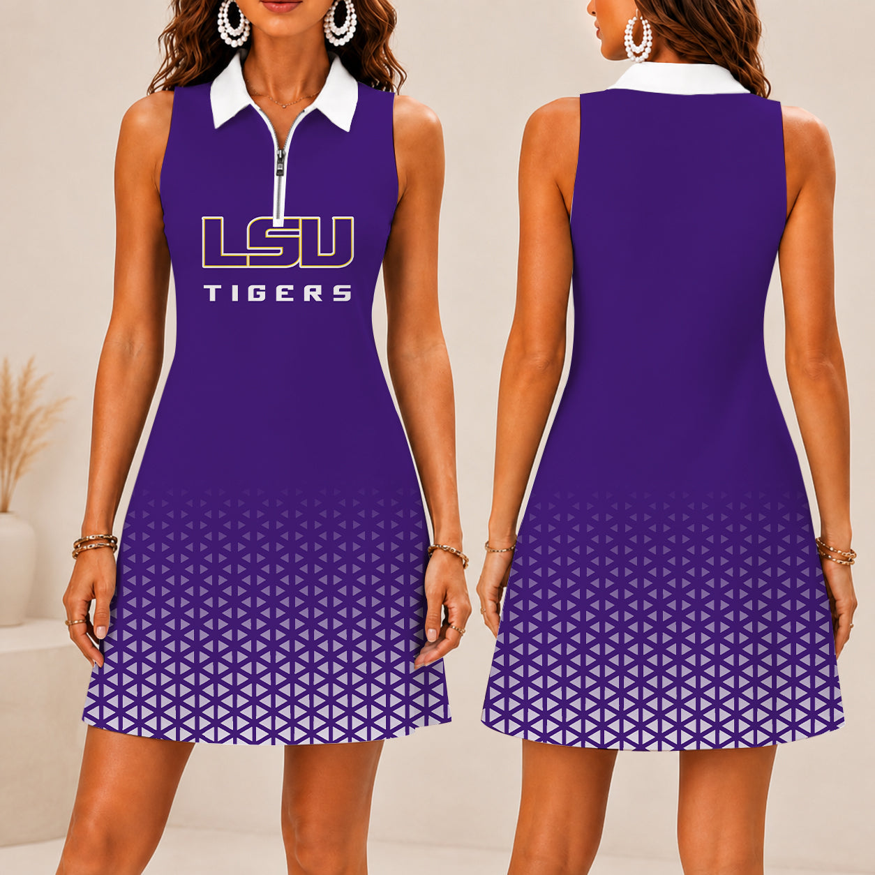 VIRAL EDITION - NEW CUSTOMIZED | NCAA MAM13 LST LSU TIGERS WOMEN'S ZIP SLEEVELESS POLO DRESS