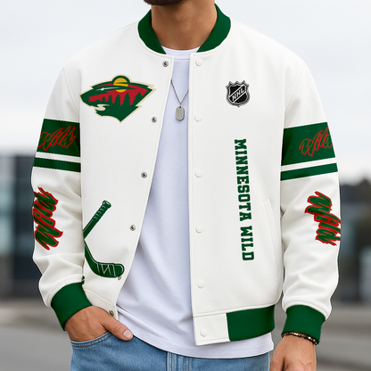 LIMITED EDITION - NEW CUSTOMIZED NHL13 MNW MN WILD BASEBALL JACKET, SATIN VARSITY JACKET
