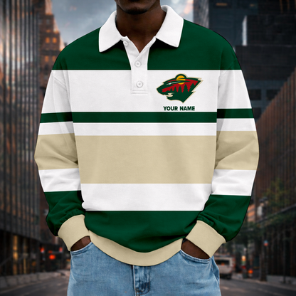 LIMITED EDITION - NEW CUSTOMIZED NHL13 MNW MN WILD MEN LONG SLEEVE POLO