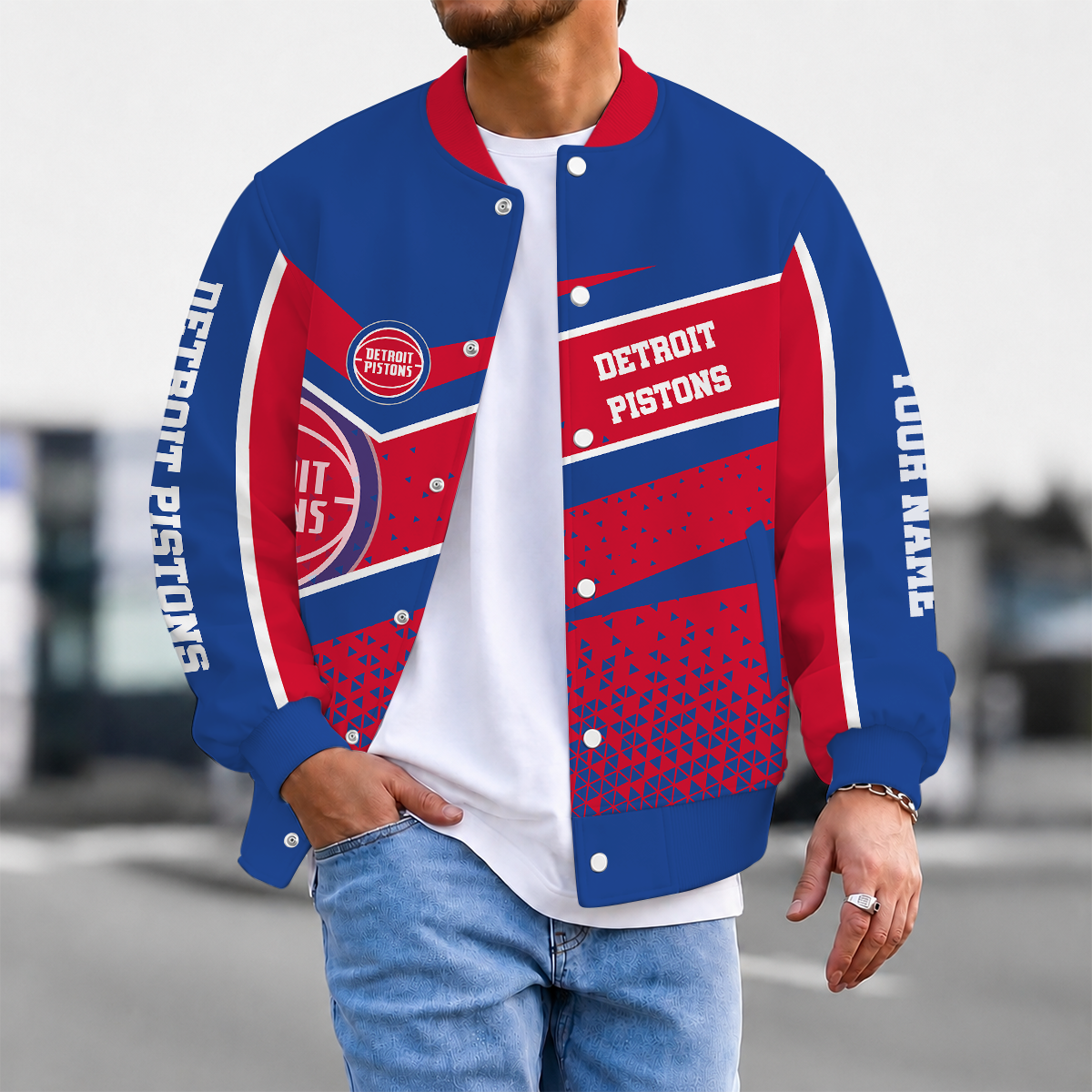 FLASH SALE - NEW CUSTOMIZED NBA14 DPI DETROIT PISTONS BASEBALL JACKET, SATIN VARSITY JACKET