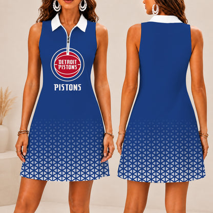 FINAL SALE - NEW CUSTOMIZED NBA14 DPI DETROIT PISTONS  WOMEN'S ZIP SLEEVELESS POLO DRESS