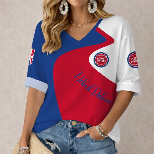FINAL SALE - NEW CUSTOMIZED NBA14 DPI DETROIT PISTONS WOMEN'S V-NECK LONG SLEEVE SHIRT