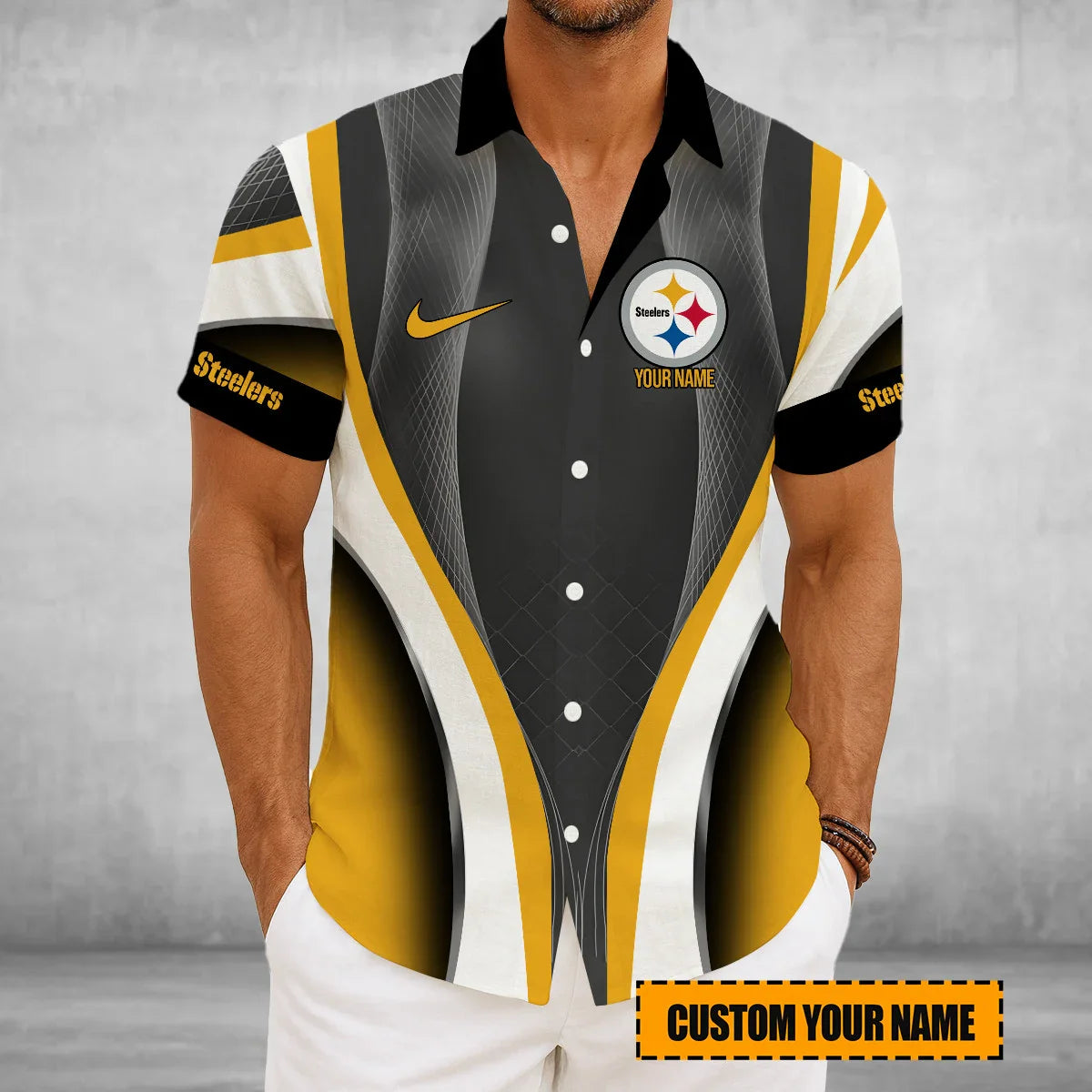 LIMITED EDITION - NEW CUSTOMIZED NFL14 PSB PITTSBURGH STEELERS SHORT SLEEVE BUTTON-UP SHIRT