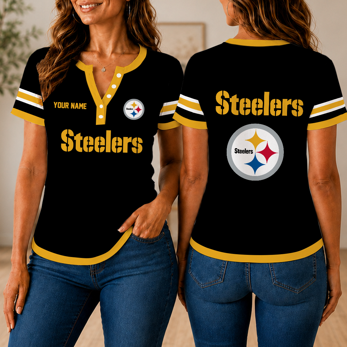 SPECIAL EDITION - NEW CUSTOMIZED NFL14 PSB PITTSBURGH STEELERS WOMEN'S SHORT SLEEVE HENLEY T-SHIRT