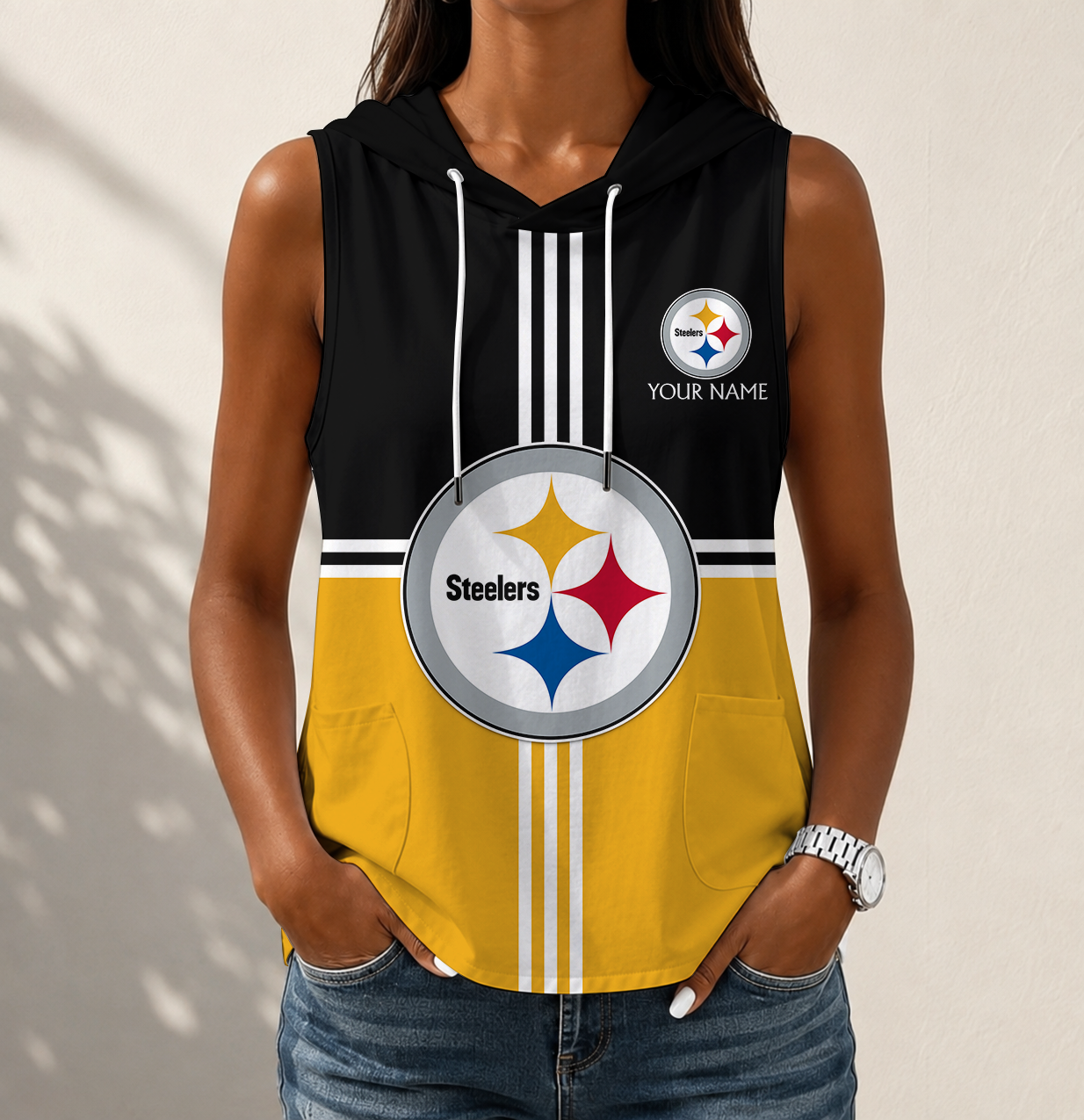 FINAL SALE - NEW CUSTOMIZED NFL14 PSB PITTSBURGH STEELERS WOMEN'S SLEEVELESS HOODED POCKET TANK TOP