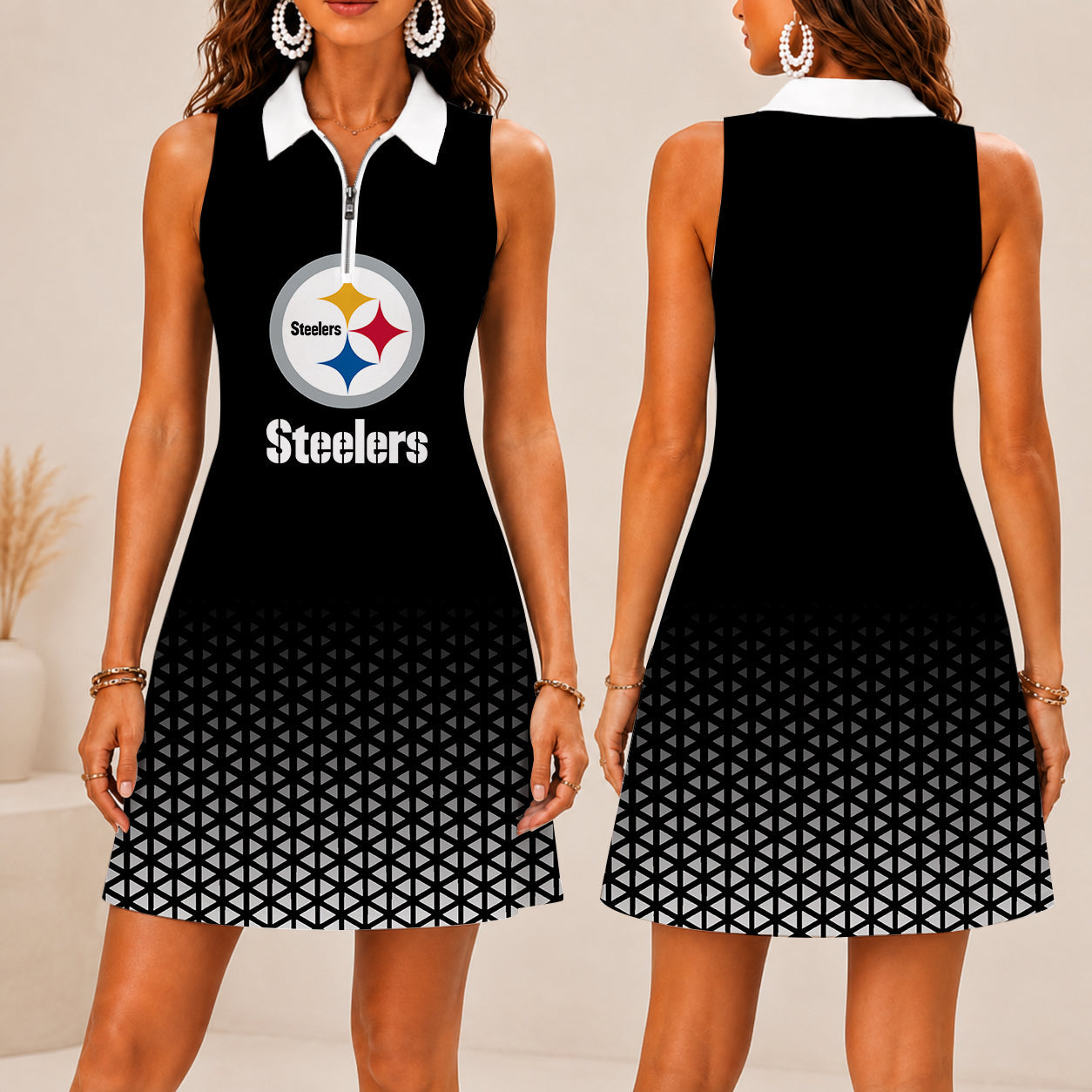 LIMITED EDITION - NEW CUSTOMIZED NFL14 PSB PITTSBURGH STEELERS WOMEN'S ZIP SLEEVELESS POLO DRESS