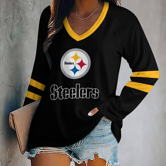 FLASH SALE - NEW CUSTOMIZED NFL14 PSB PITTSBURGH STEELERS WOMEN'S V-NECK LONG SLEEVED SHIRT